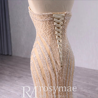 Sparkly High-end Champagne Handmade Beading Pearl Sequins Evening Dresses 2024 Trumpet