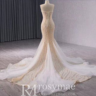 Sparkly High-end Champagne Handmade Beading Pearl Sequins Evening Dresses 2024 Trumpet