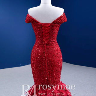 High-end Luxury Red Evening Dress Trumpet Prom Gown with Feathers