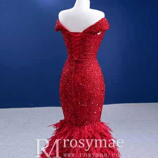 High-end Luxury Red Evening Dress Trumpet Prom Gown with Feathers