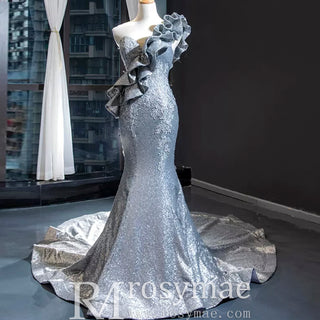 Haute Couture Silver Mermaid Prom Dress Sequin Pageant Gown