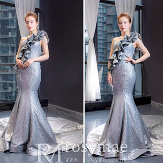 Haute Couture Silver Mermaid Prom Dress Sequin Pageant Gown