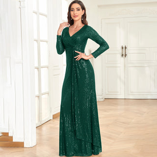 Long Sleeve V-Neck Fit Maxi Formal Gown Evening Dress For Women