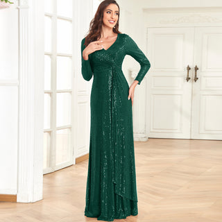 Long Sleeve V-Neck Fit Maxi Formal Gown Evening Dress For Women