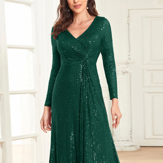 Long Sleeve V-Neck Fit Maxi Formal Gown Evening Dress For Women