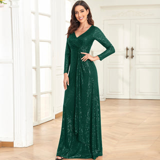 Long Sleeve V-Neck Fit Maxi Formal Gown Evening Dress For Women