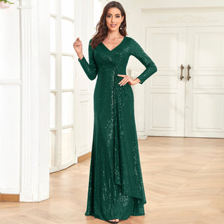 Long Sleeve V-Neck Fit Maxi Formal Gown Evening Dress For Women