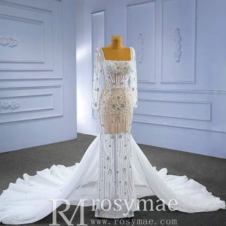 Mermaid Beaded Square Neck Sheer Wedding Dress with Long Sleeves