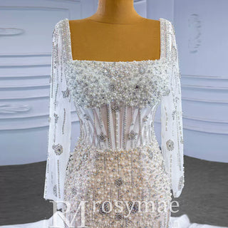 Mermaid Beaded Square Neck Sheer Wedding Dress with Long Sleeves