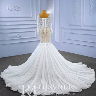 Mermaid Beaded Square Neck Sheer Wedding Dress with Long Sleeves