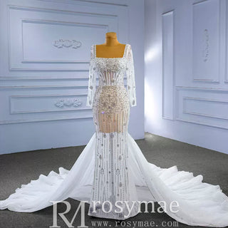 Mermaid Beaded Square Neck Sheer Wedding Dress with Long Sleeves