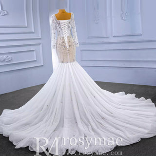 Mermaid Beaded Square Neck Sheer Wedding Dress with Long Sleeves