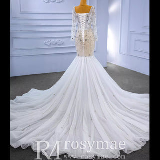 Mermaid Beaded Square Neck Sheer Wedding Dress with Long Sleeves