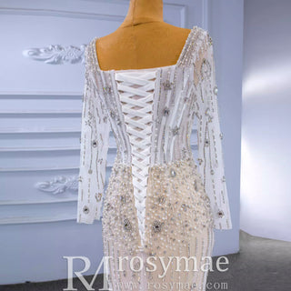 Mermaid Beaded Square Neck Sheer Wedding Dress with Long Sleeves