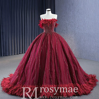 Burgundy Ball Gown Wedding Dress With Feather Beaded Quinceanera Gown