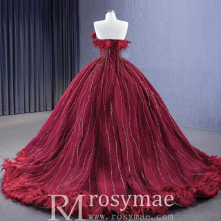 Burgundy Ball Gown Wedding Dress With Feather Beaded Quinceanera Gown