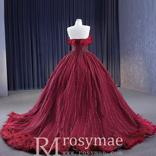 Burgundy Ball Gown Wedding Dress With Feather Beaded Quinceanera Gown