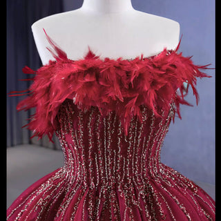 Burgundy Ball Gown Wedding Dress With Feather Beaded Quinceanera Gown