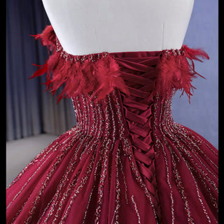 Burgundy Ball Gown Wedding Dress With Feather Beaded Quinceanera Gown