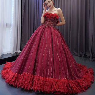 Burgundy Ball Gown Wedding Dress With Feather Beaded Quinceanera Gown