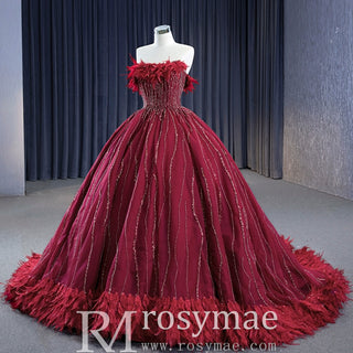 Burgundy Ball Gown Wedding Dress With Feather Beaded Quinceanera Gown