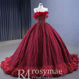 Burgundy Ball Gown Wedding Dress With Feather Beaded Quinceanera Gown