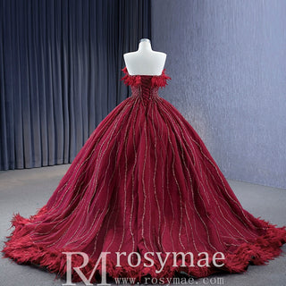 Burgundy Ball Gown Wedding Dress With Feather Beaded Quinceanera Gown