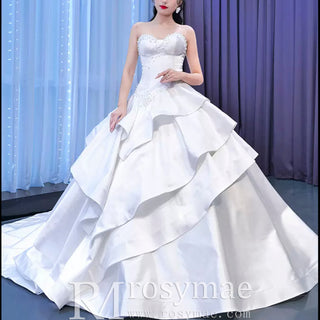 Vintage Tiered Ruffle Satin Wedding Dress Ball Gown with Sweetheart