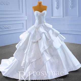 Vintage Tiered Ruffle Satin Wedding Dress Ball Gown with Sweetheart