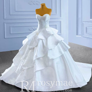 Vintage Tiered Ruffle Satin Wedding Dress Ball Gown with Sweetheart