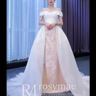 Off the Shoulder Sheath Ruched Wedding Dress with Overskirt