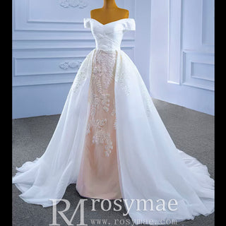 Off the Shoulder Sheath Ruched Wedding Dress with Overskirt