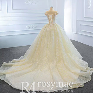 Champagne Off the Shoulder Ball Gown Wedding Dress