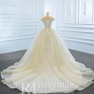 Champagne Off the Shoulder Ball Gown Wedding Dress