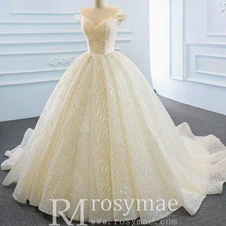 Champagne Off the Shoulder Ball Gown Wedding Dress