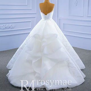 Strapless Tulle High Low Wedding Dress with Lace Appliqued