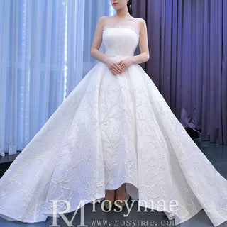 Strapless Tulle High Low Wedding Dress with Lace Appliqued