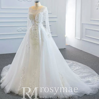 Long Sleeve Mermaid Lace Wedding Dress with Detachable Train