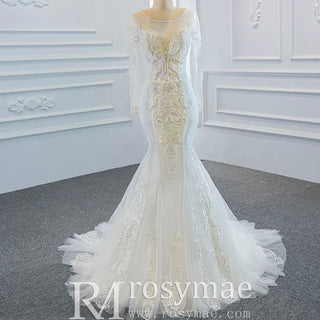 Long Sleeve Mermaid Lace Wedding Dress with Detachable Train