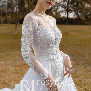 Long Sleeve Mermaid Lace Wedding Dress with Detachable Train