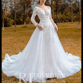 Long Sleeve Mermaid Lace Wedding Dress with Detachable Train