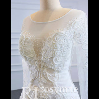 Long Sleeve Mermaid Lace Wedding Dress with Detachable Train