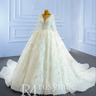 Luxury Beaded Sparkly Ball Gown Wedding Dress with Long Sleeve