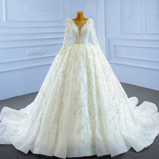 Luxury Beaded Sparkly Ball Gown Wedding Dress with Long Sleeve