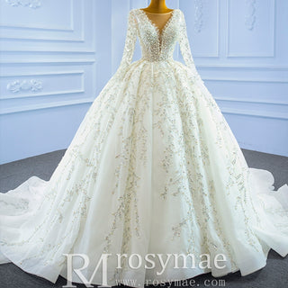 Luxury Beaded Sparkly Ball Gown Wedding Dress with Long Sleeve