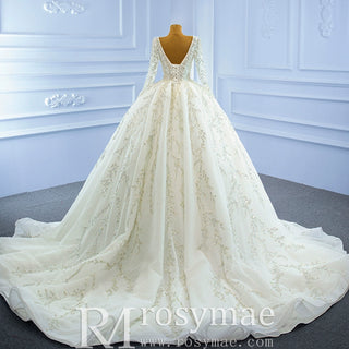 Luxury Beaded Sparkly Ball Gown Wedding Dress with Long Sleeve