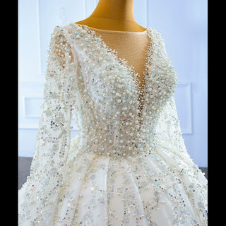 Luxury Beaded Sparkly Ball Gown Wedding Dress with Long Sleeve