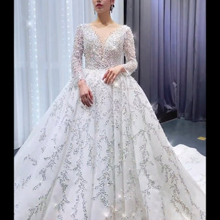 Luxury Beaded Sparkly Ball Gown Wedding Dress with Long Sleeve