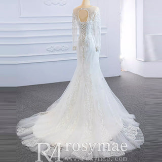 Long Sleeve Mermaid Lace Wedding Dress with Detachable Train