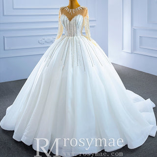 Vintage Beaded Ball Gown Puffy Wedding Dress with Long Sleeve